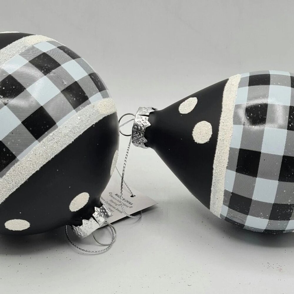 Black White Plaid Finial Ball Large Glitter Glass Ornament 4.5" Set 2